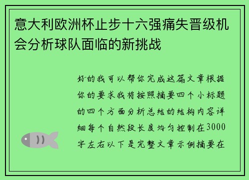 意大利欧洲杯止步十六强痛失晋级机会分析球队面临的新挑战