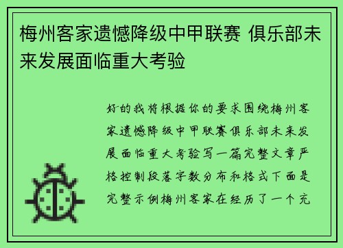 梅州客家遗憾降级中甲联赛 俱乐部未来发展面临重大考验 梅州客家遗憾降级中甲联赛 俱乐部未来发展面临重大考验